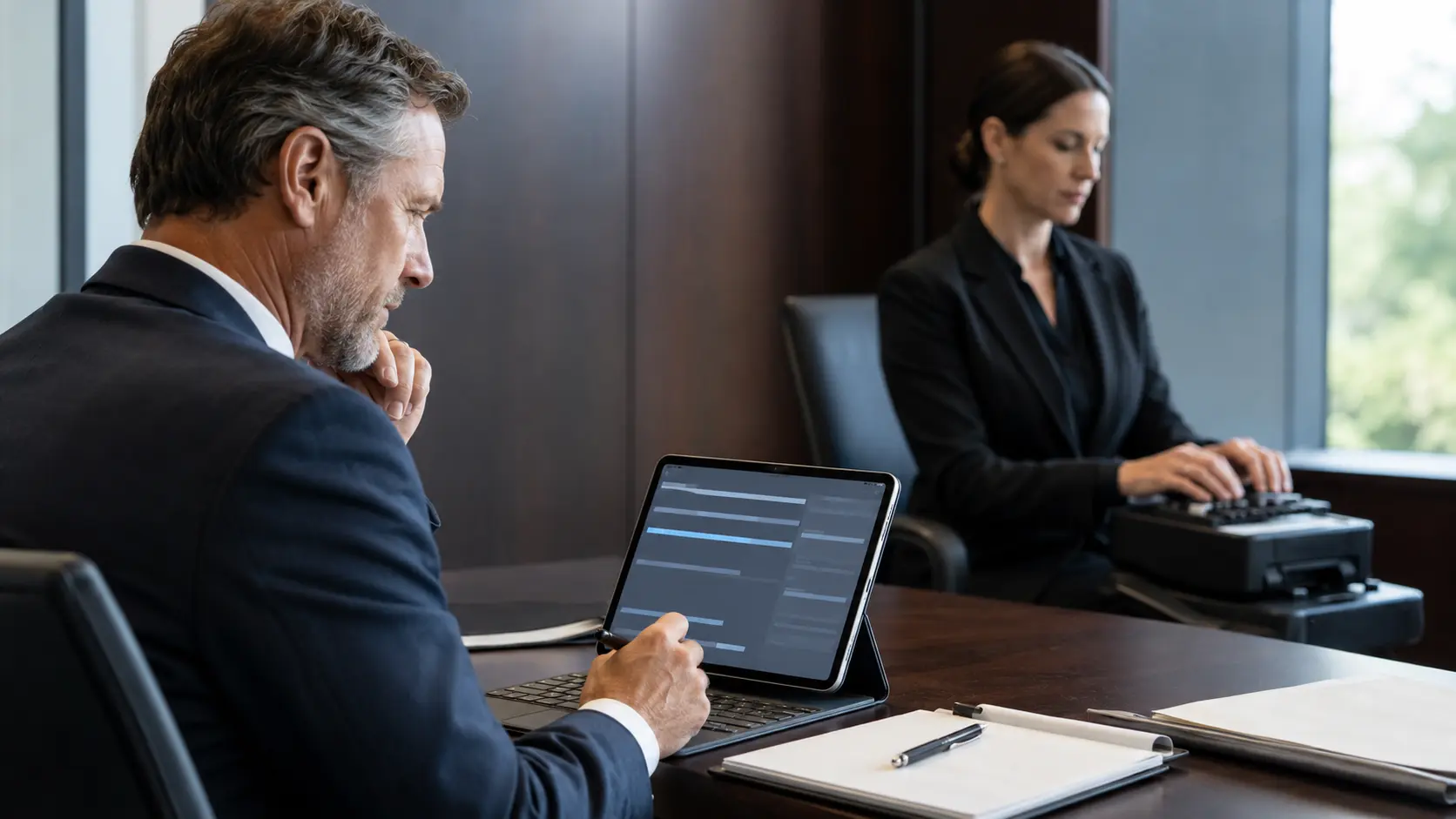 Litigation professional reviewing live testimony on a laptop during realtime reporting
