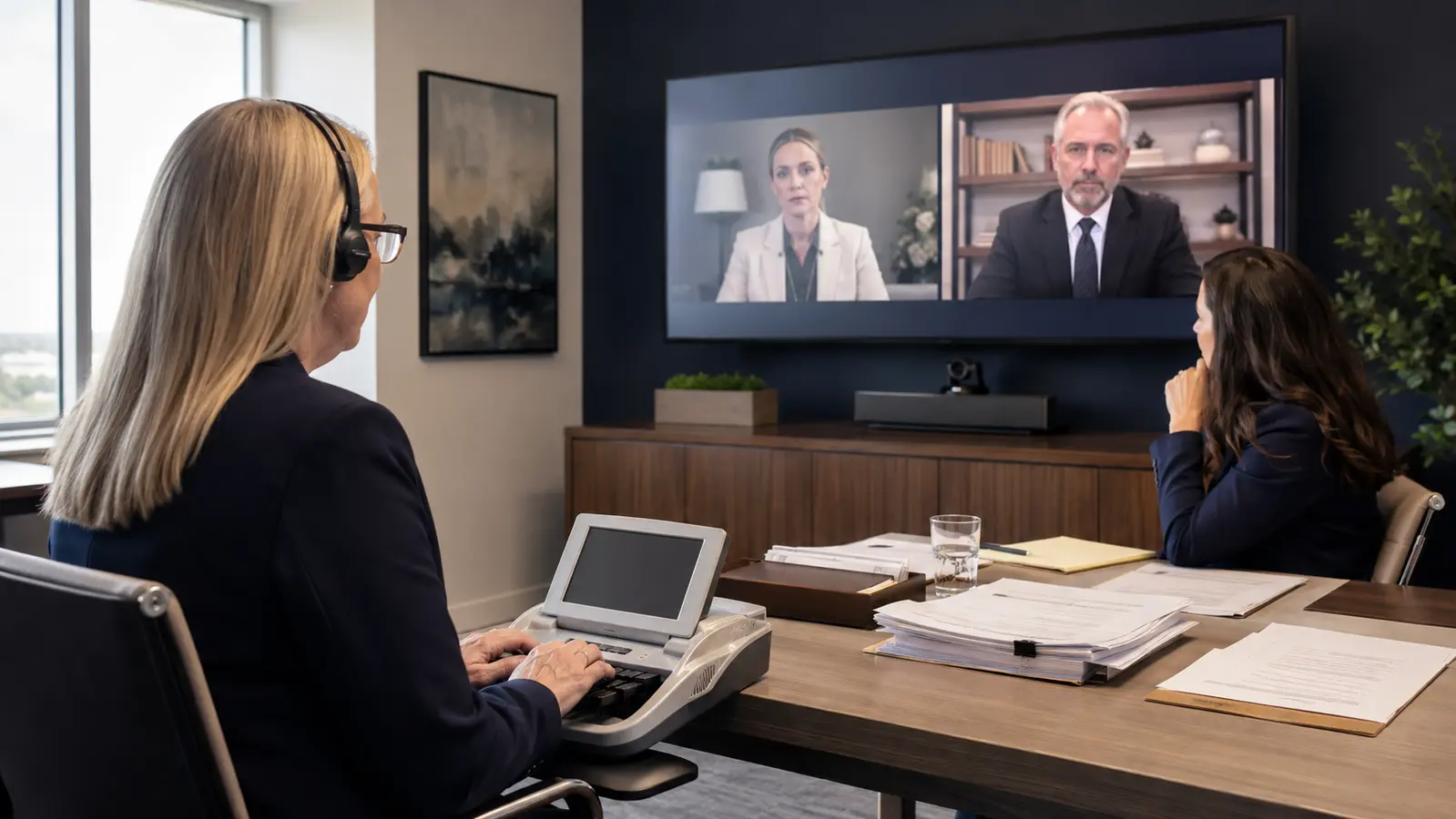 Legal team coordinating a remote deposition from a professional conference room