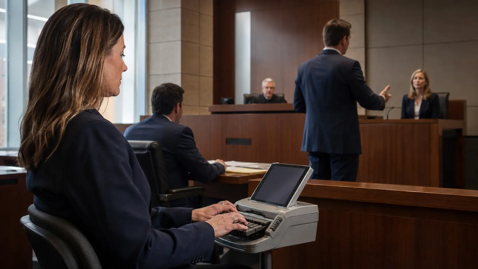 Professional legal team working in a courtroom setting during trial preparation