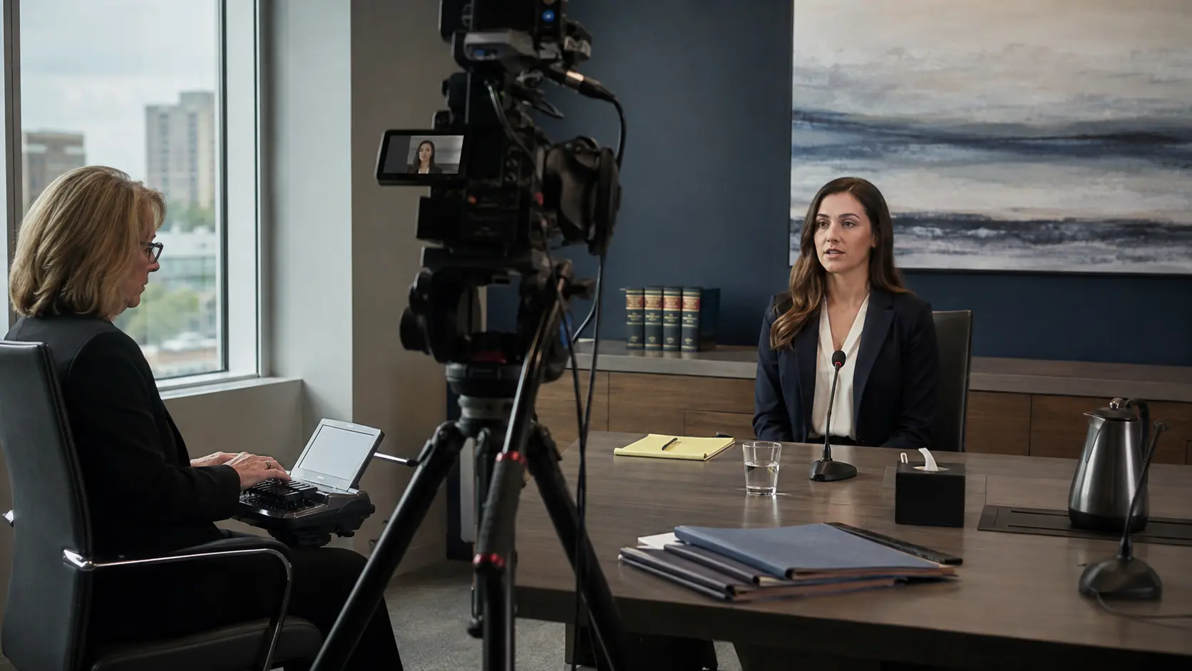 Legal team participating in a professionally recorded video deposition